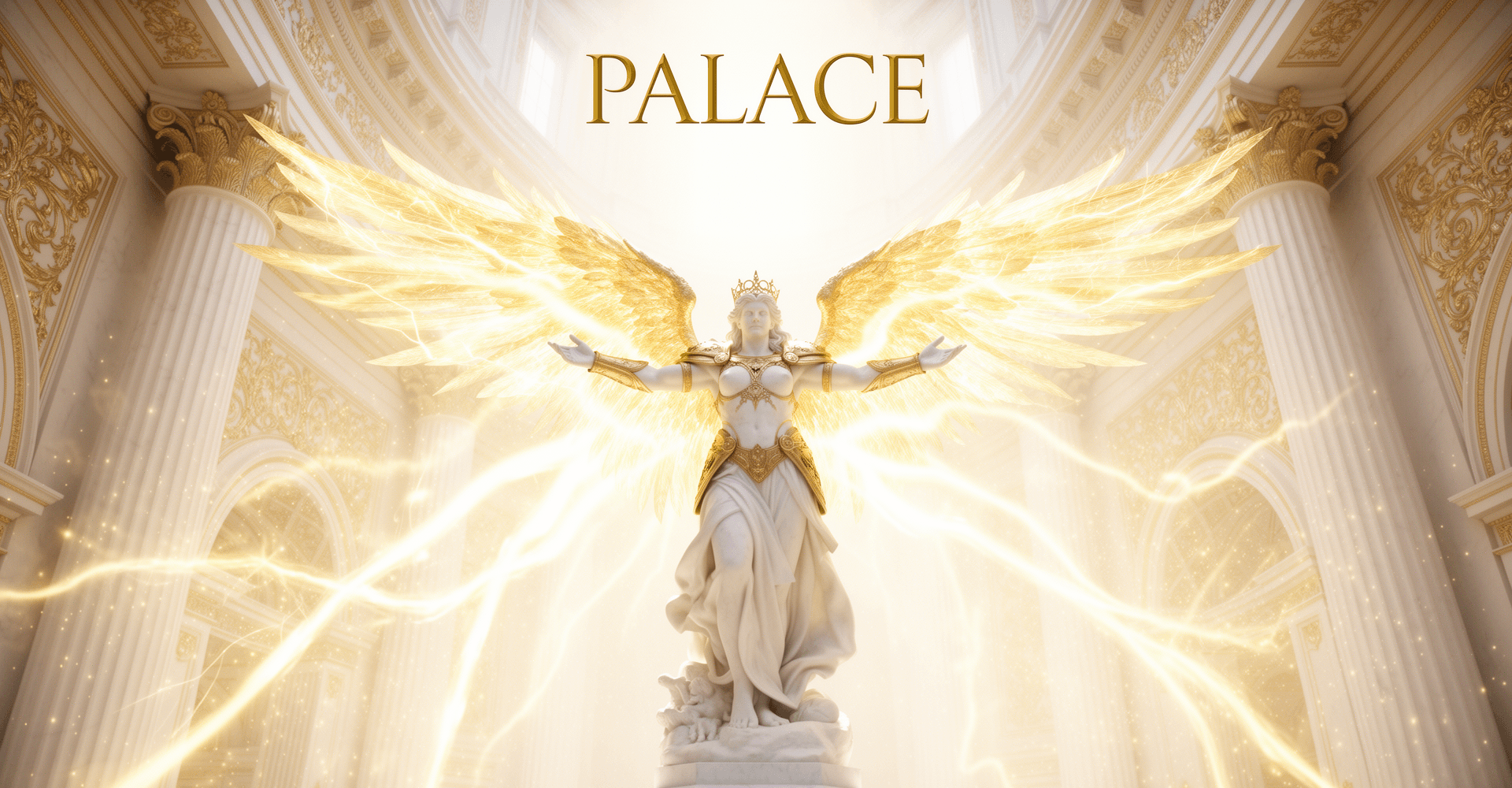 Palace — a white marble angel with radiant golden wings in a sunlit palace hall